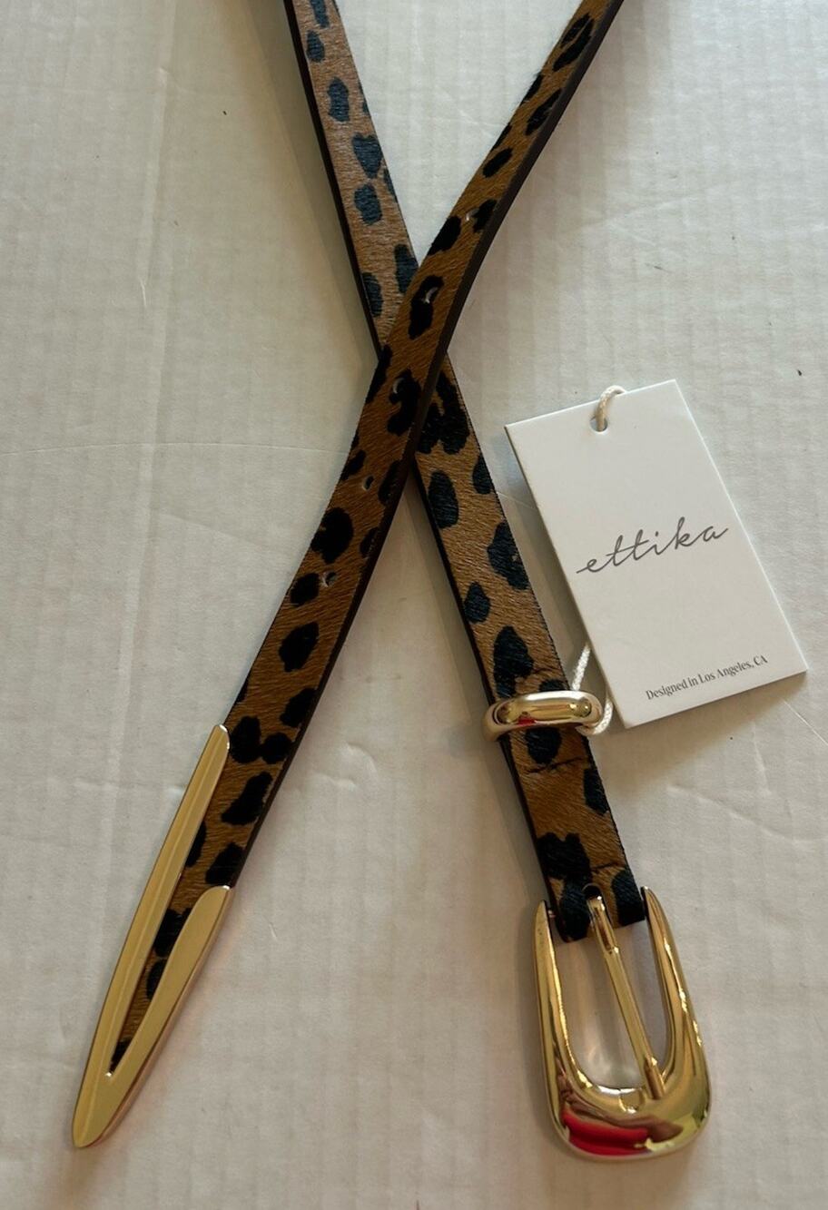 NWT Bloomingdale’s Ettika Cheetah Print Leather Skinny Belt Gold Buckle Sz Large